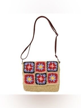 NWT LS Live In Style Square Straw Patch Crochet Crossbody Bag